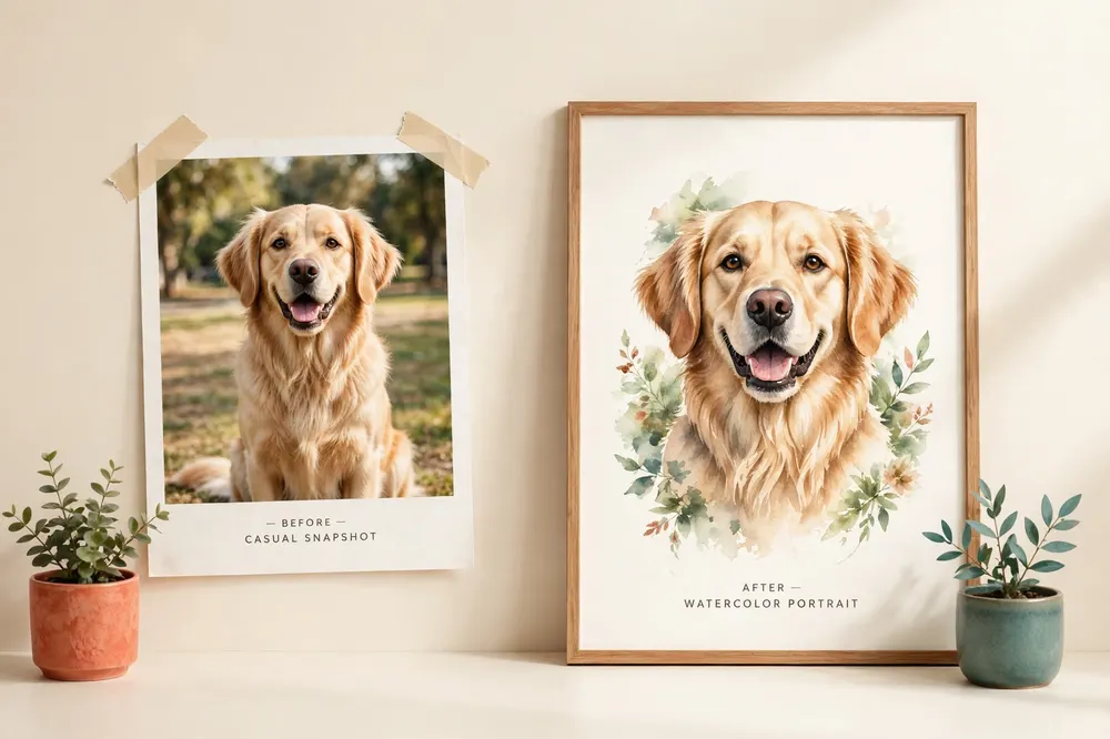 Before and after: a golden retriever snapshot turned into a framed watercolor portrait