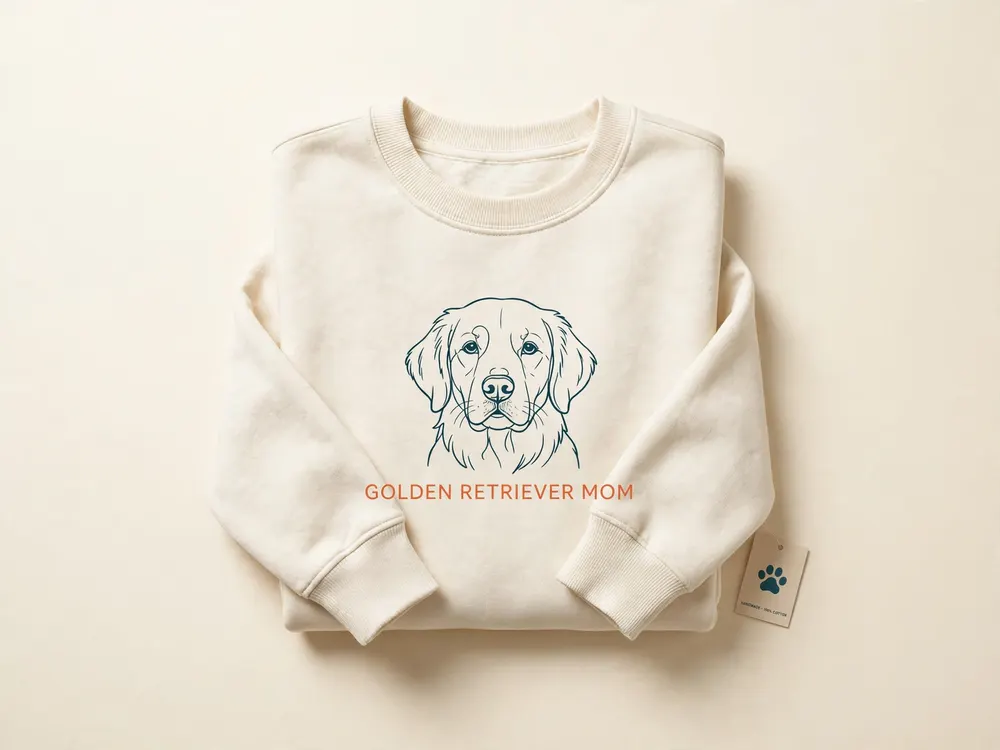 Cream sweatshirt with a golden retriever line-art design and the words Golden Retriever Mom