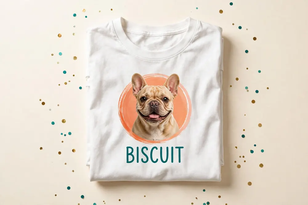 White t-shirt printed with a French bulldog photo in a coral circle and the name Biscuit