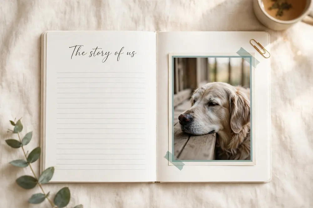 Open memory journal with a photo of a senior golden retriever