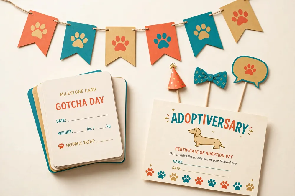 Gotcha Day party pack flat-lay with paw-print banner, milestone cards and adoptiversary certificate