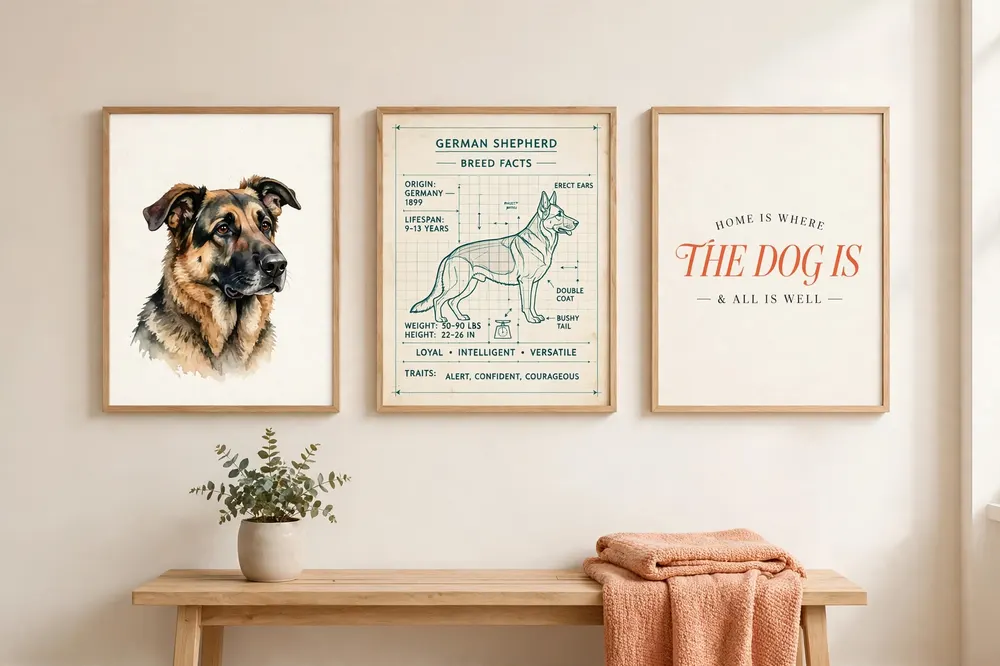 Three framed breed art prints on a wall: portrait, breed facts blueprint, and quote print
